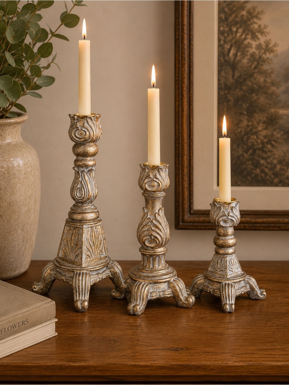 Mervn’s Vintage Ornate Taper Candle Holder Set of 3 | Scrolled Base Gold Washed